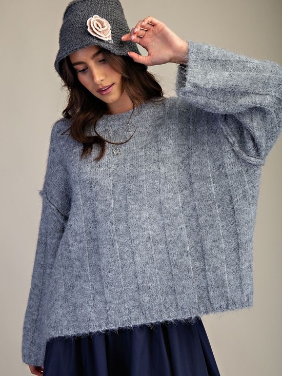 easel Sweaters - 49.Easel OVERSIZED LONG SLEEVE FUZZ KNITTED SWEATER heather grey gray